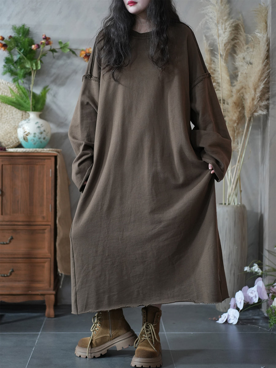 Women Autumn Casual Pure Color O-Neck Cotton Dress