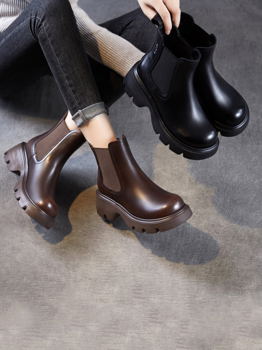 Women Vintage Pure Color Genuine Leather Platform Boots