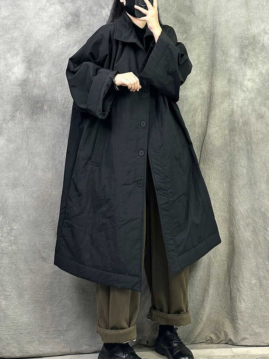 Women Winter Pure Color Turn-down Collar Long Padded Coat