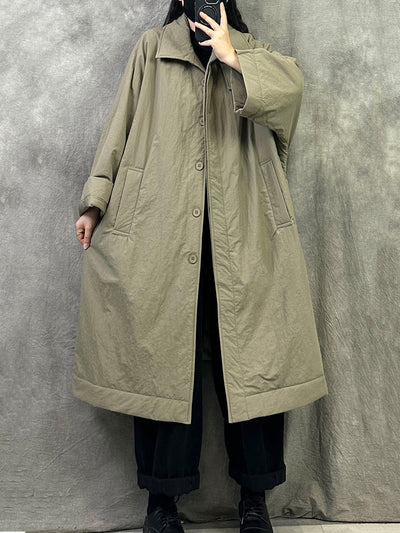 Women Winter Pure Color Turn-down Collar Long Padded Coat