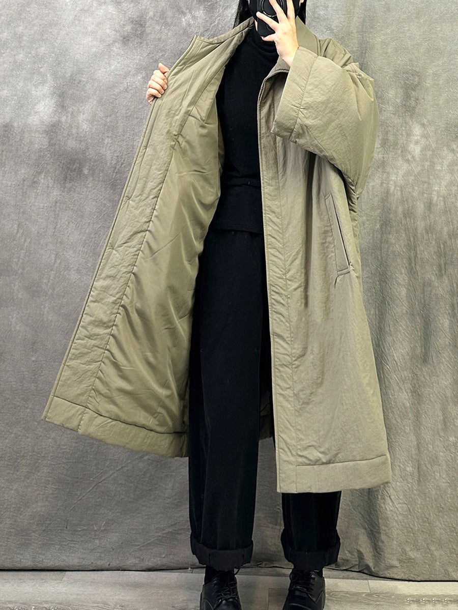 Women Winter Pure Color Turn-down Collar Long Padded Coat