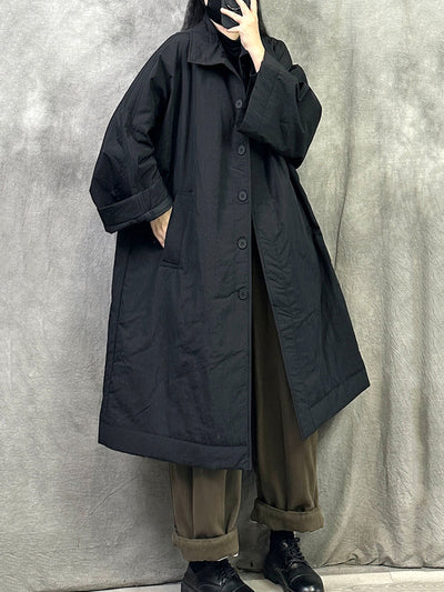 Women Winter Pure Color Turn-down Collar Long Padded Coat