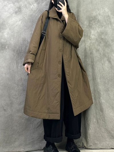 Women Winter Pure Color Turn-down Collar Long Padded Coat