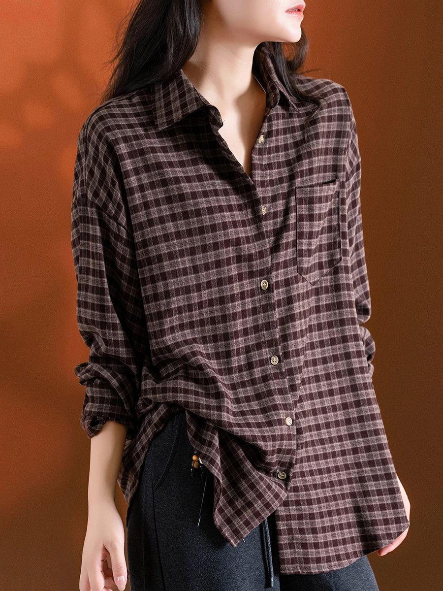 Women Autumn Vintage Plaid Turn-down Collar Shirt
