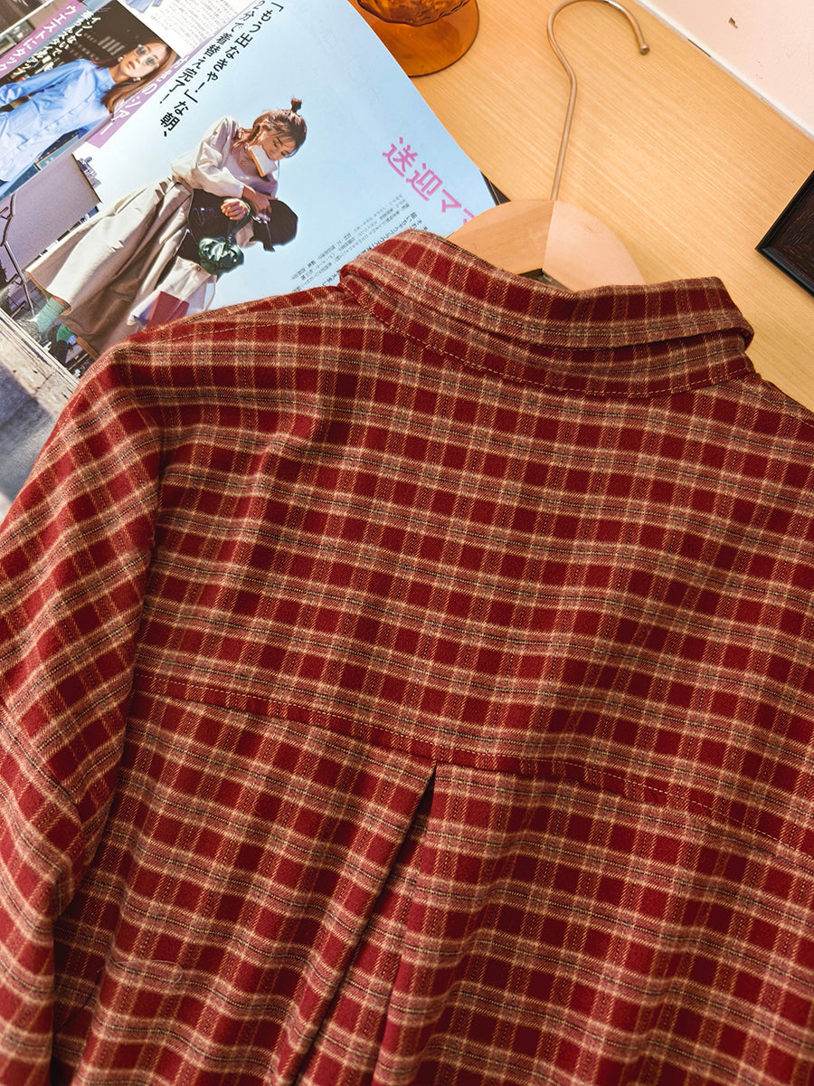 Women Autumn Vintage Plaid Turn-down Collar Shirt