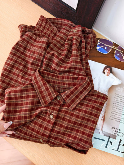 Women Autumn Vintage Plaid Turn-down Collar Shirt