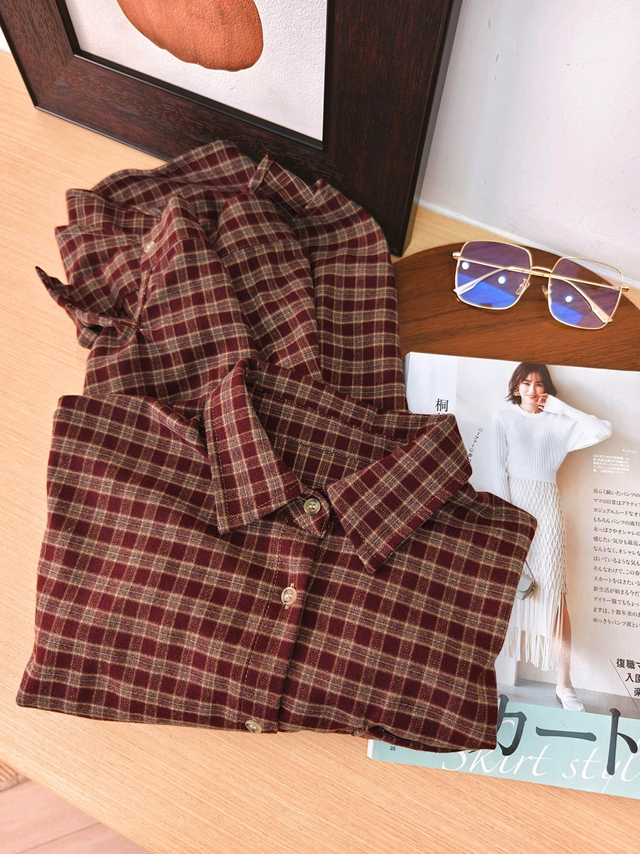 Women Autumn Vintage Plaid Turn-down Collar Shirt