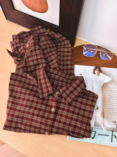 Women Autumn Vintage Plaid Turn-down Collar Shirt