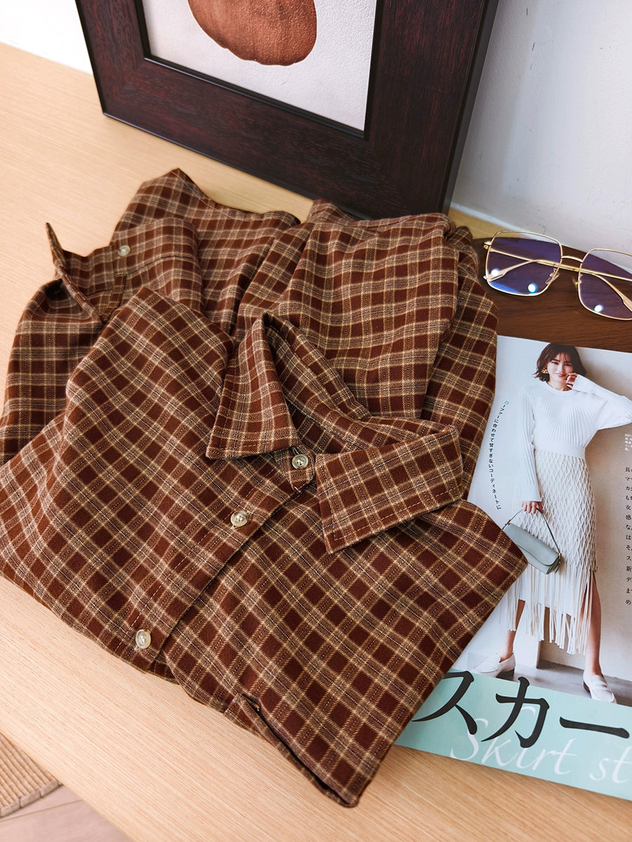 Women Autumn Vintage Plaid Turn-down Collar Shirt