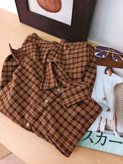 Women Autumn Vintage Plaid Turn-down Collar Shirt
