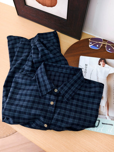 Women Autumn Vintage Plaid Turn-down Collar Shirt