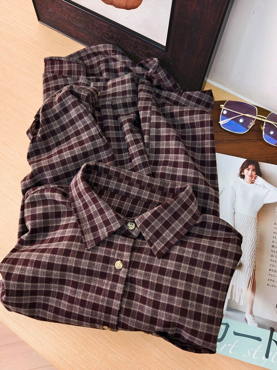 Women Autumn Vintage Plaid Turn-down Collar Shirt