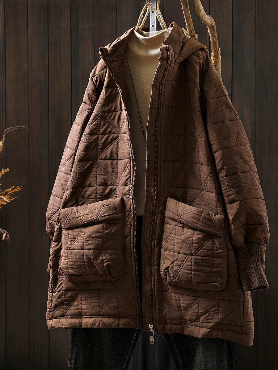 Women Autumn Casual Pure Color Hooded Padded Coat