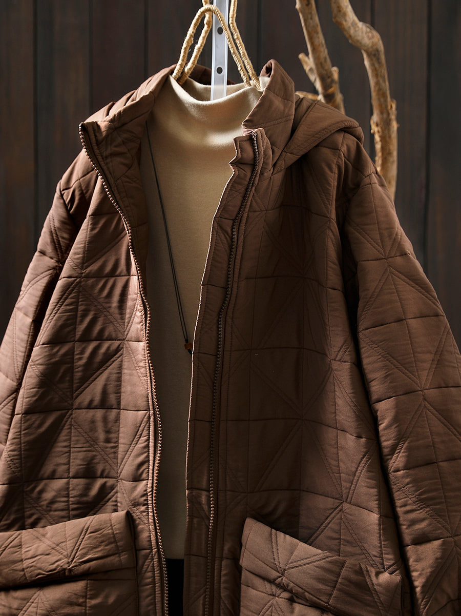 Women Autumn Casual Pure Color Hooded Padded Coat