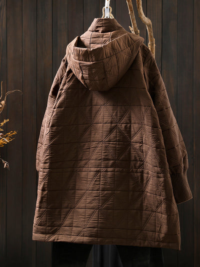 Women Autumn Casual Pure Color Hooded Padded Coat