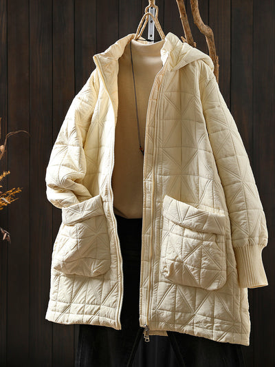Women Autumn Casual Pure Color Hooded Padded Coat