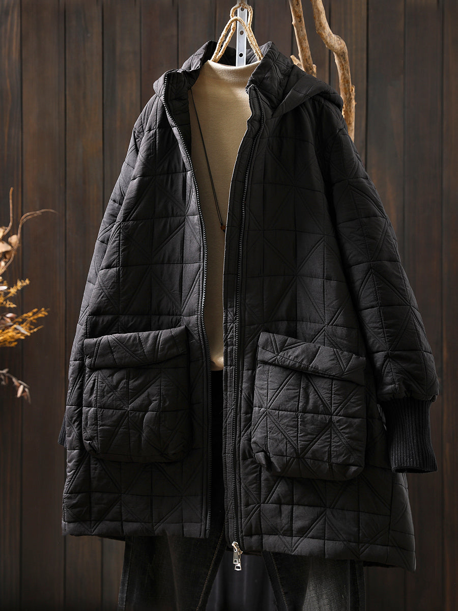 Women Autumn Casual Pure Color Hooded Padded Coat