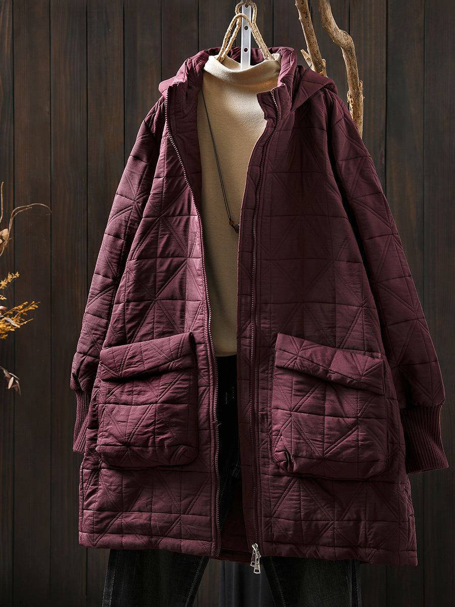 Women Autumn Casual Pure Color Hooded Padded Coat
