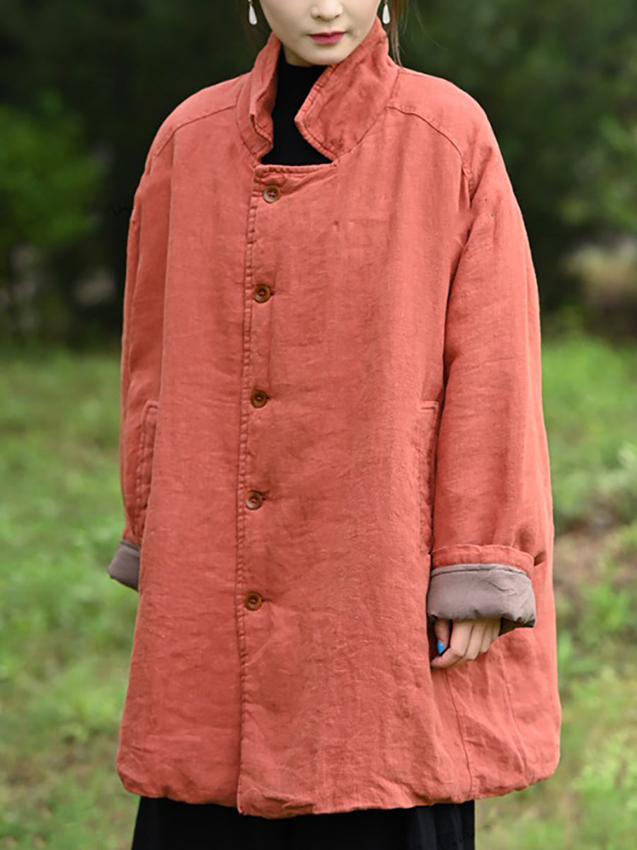 Women Winter Retro Pure Color Turn-down Collar Padded Jacket