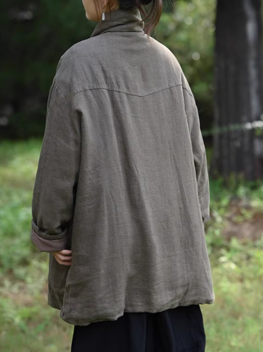 Women Winter Retro Pure Color Turn-down Collar Padded Jacket