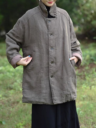 Women Winter Retro Pure Color Turn-down Collar Padded Jacket