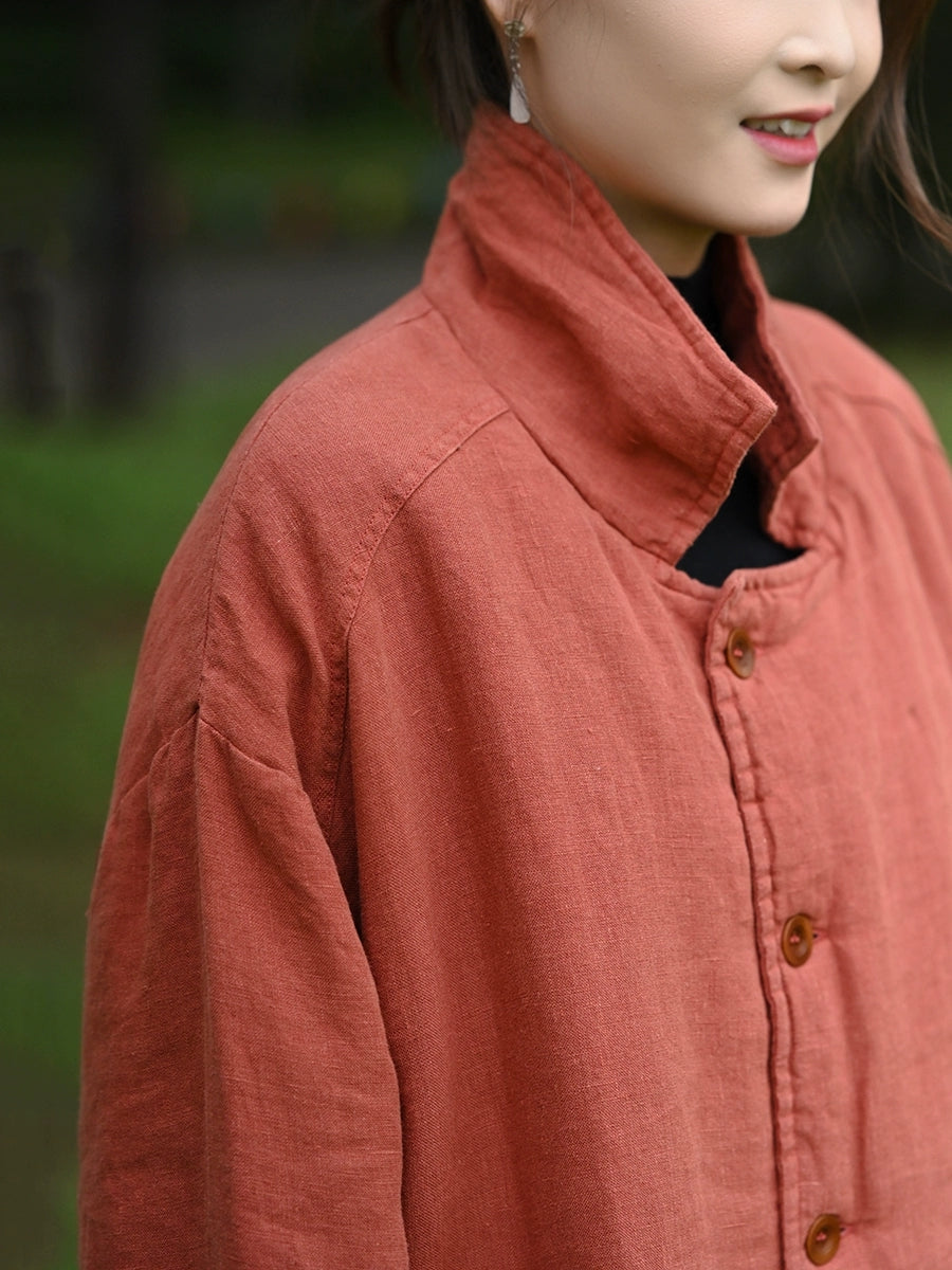 Women Winter Retro Pure Color Turn-down Collar Padded Jacket