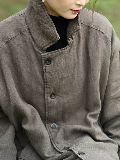 Women Winter Retro Pure Color Turn-down Collar Padded Jacket