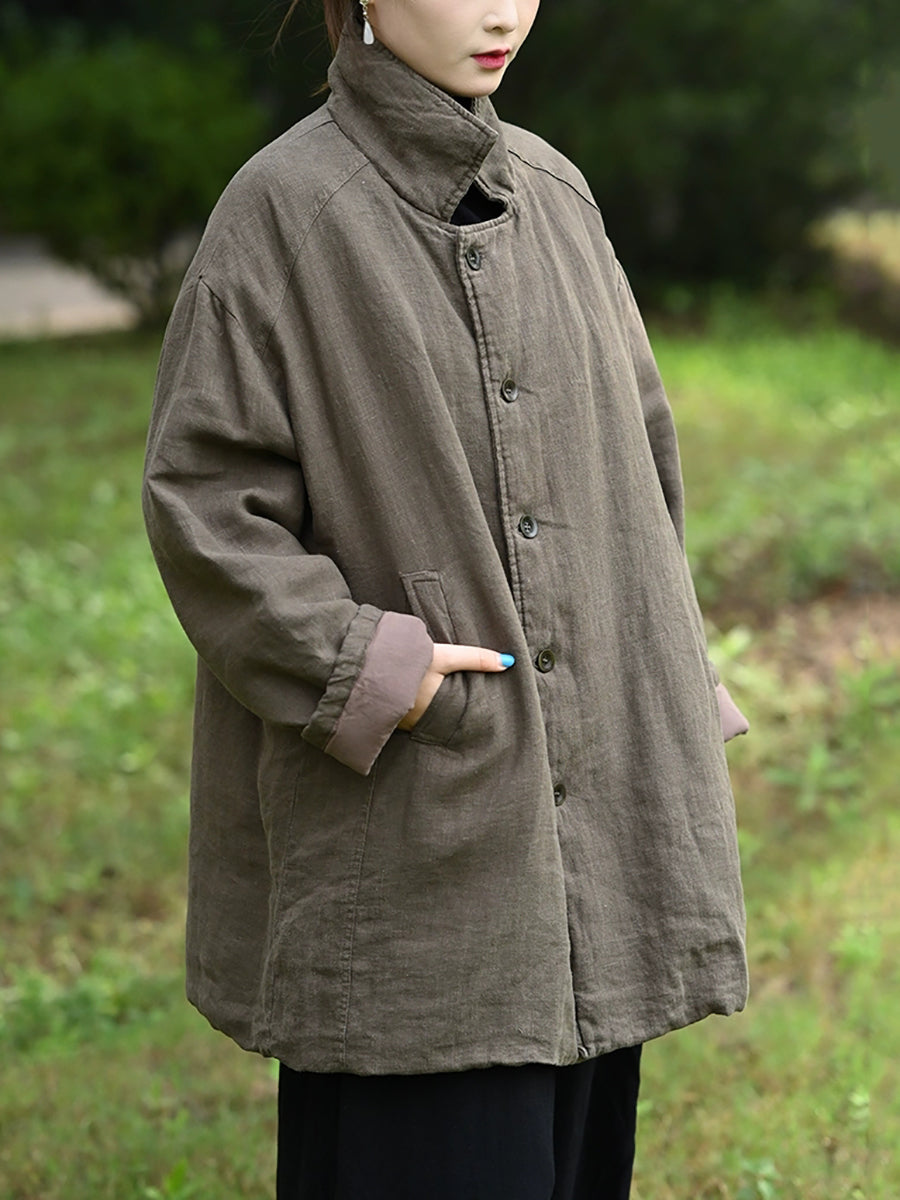 Women Winter Retro Pure Color Turn-down Collar Padded Jacket