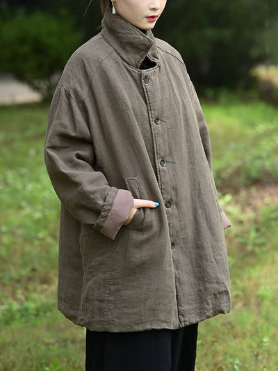 Women Winter Retro Pure Color Turn-down Collar Padded Jacket