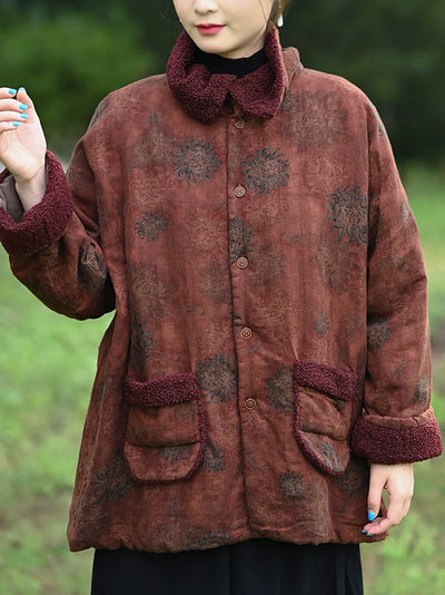 Women Autumn Retro Flower Turn-down Collar Padded Jacket
