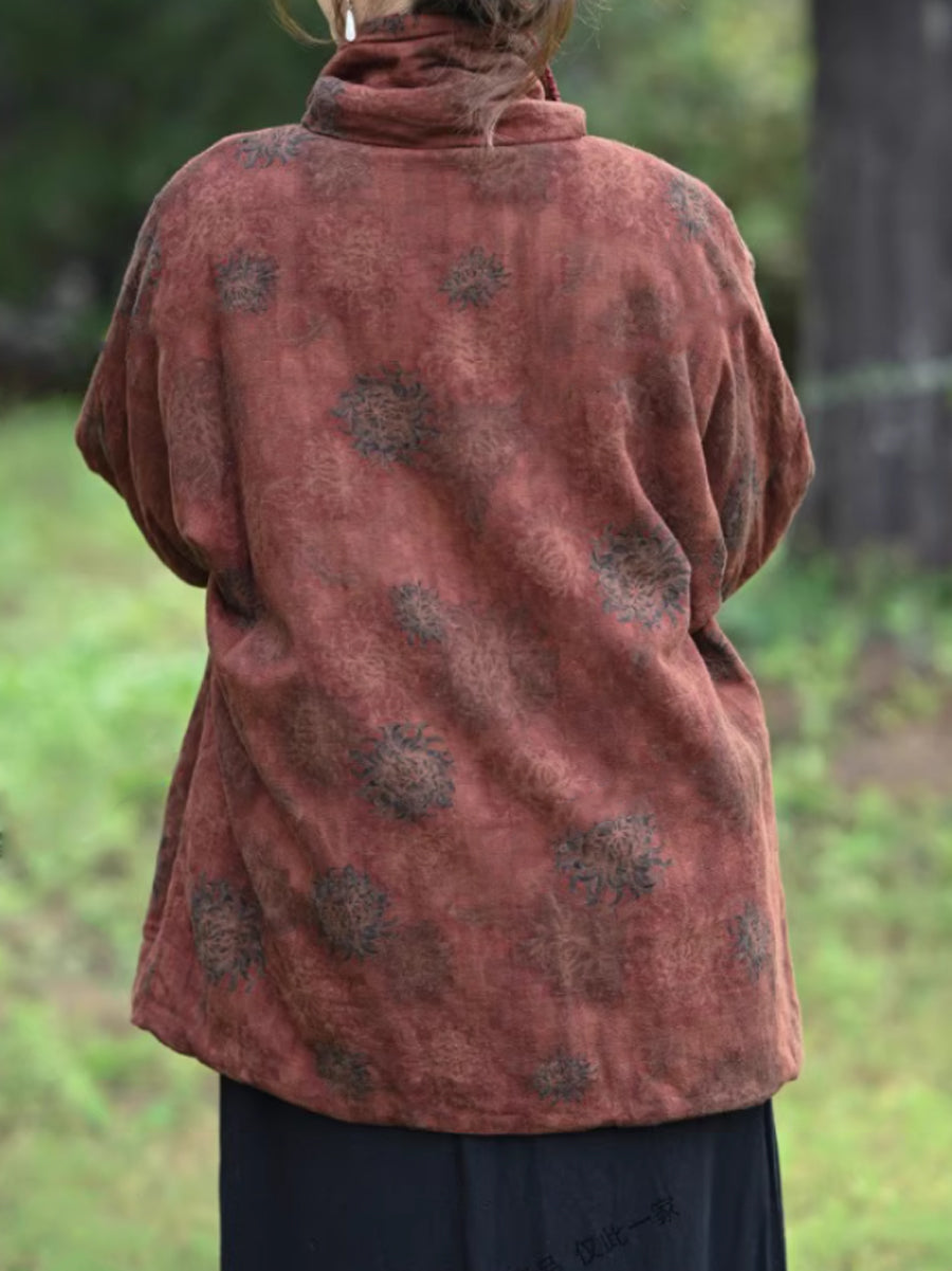 Women Autumn Retro Flower Turn-down Collar Padded Jacket