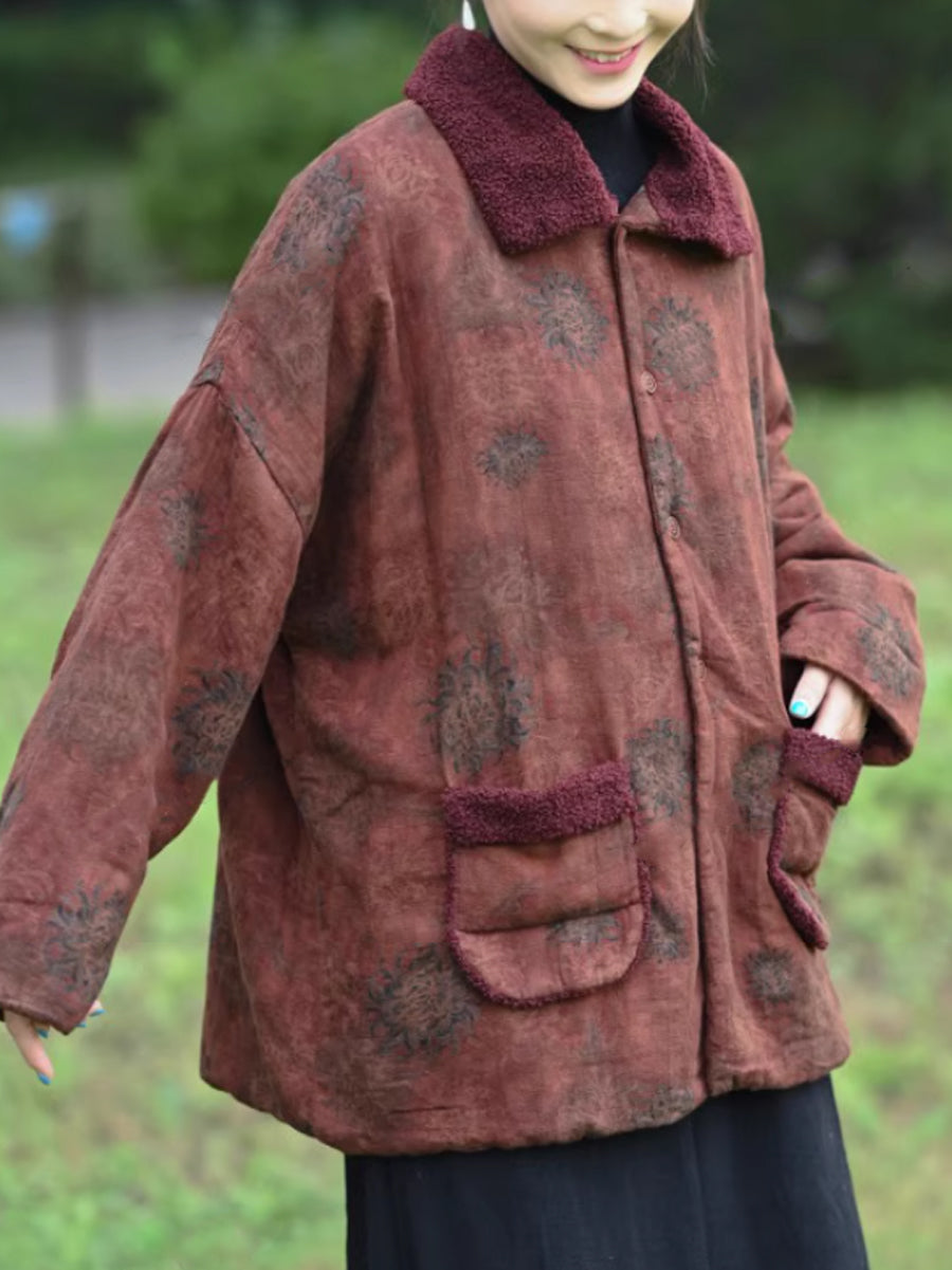 Women Autumn Retro Flower Turn-down Collar Padded Jacket