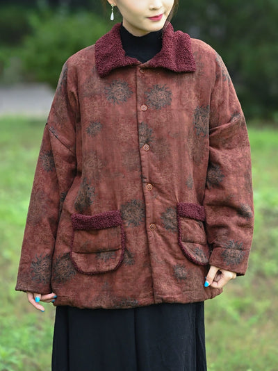 Women Autumn Retro Flower Turn-down Collar Padded Jacket