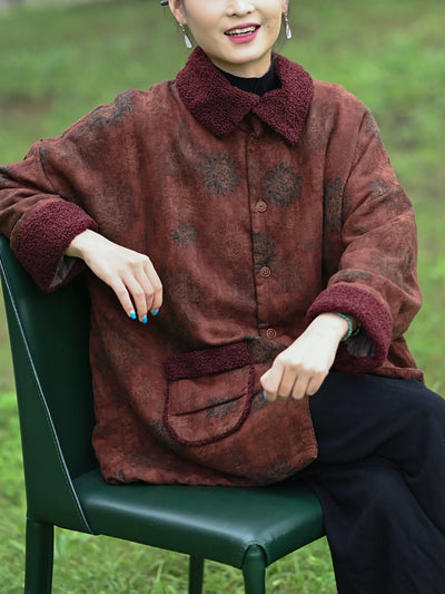 Women Autumn Retro Flower Turn-down Collar Padded Jacket