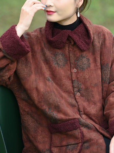 Women Autumn Retro Flower Turn-down Collar Padded Jacket
