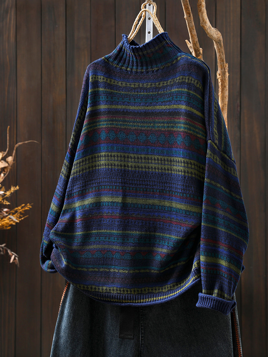 Women Autumn Vintage Stripe Half-Turtleneck Sweater