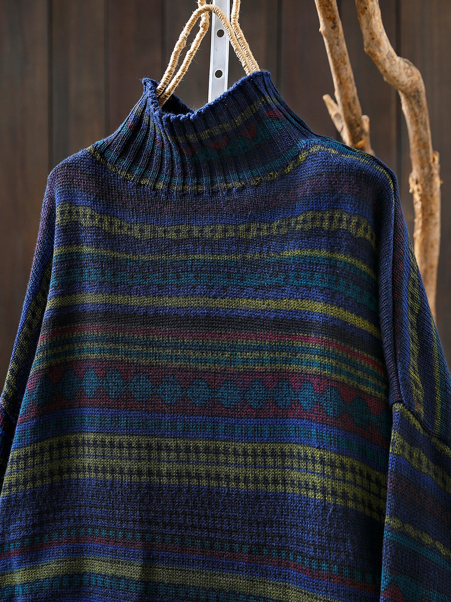 Women Autumn Vintage Stripe Half-Turtleneck Sweater