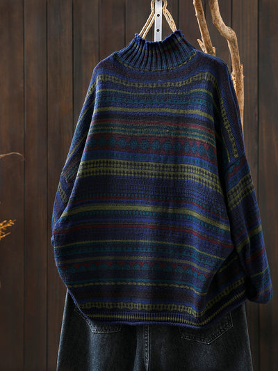 Women Autumn Vintage Stripe Half-Turtleneck Sweater