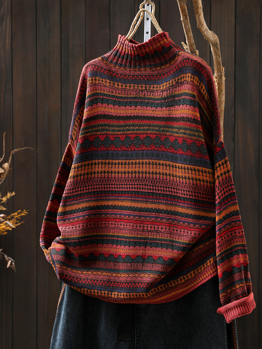 Women Autumn Vintage Stripe Half-Turtleneck Sweater