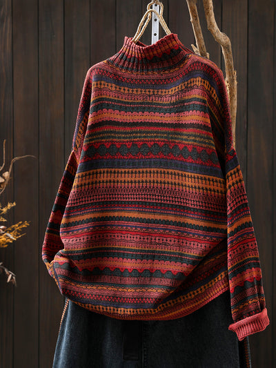 Women Autumn Vintage Stripe Half-Turtleneck Sweater
