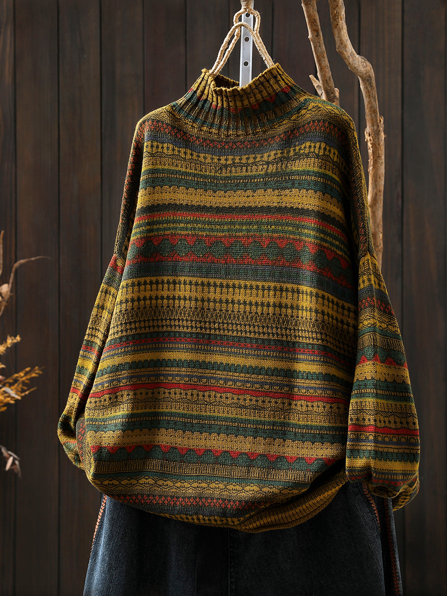 Women Autumn Vintage Stripe Half-Turtleneck Sweater