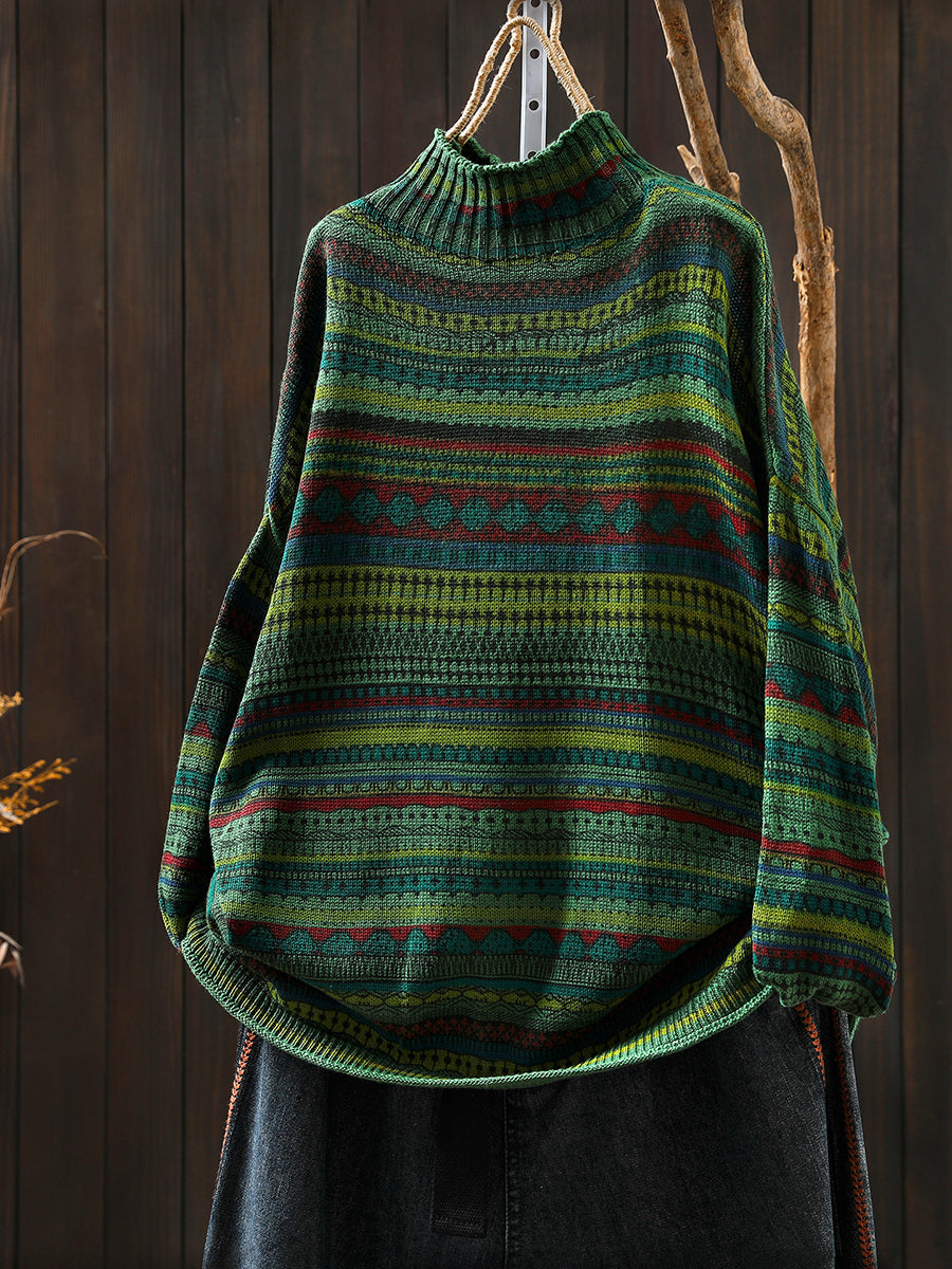 Women Autumn Vintage Stripe Half-Turtleneck Sweater