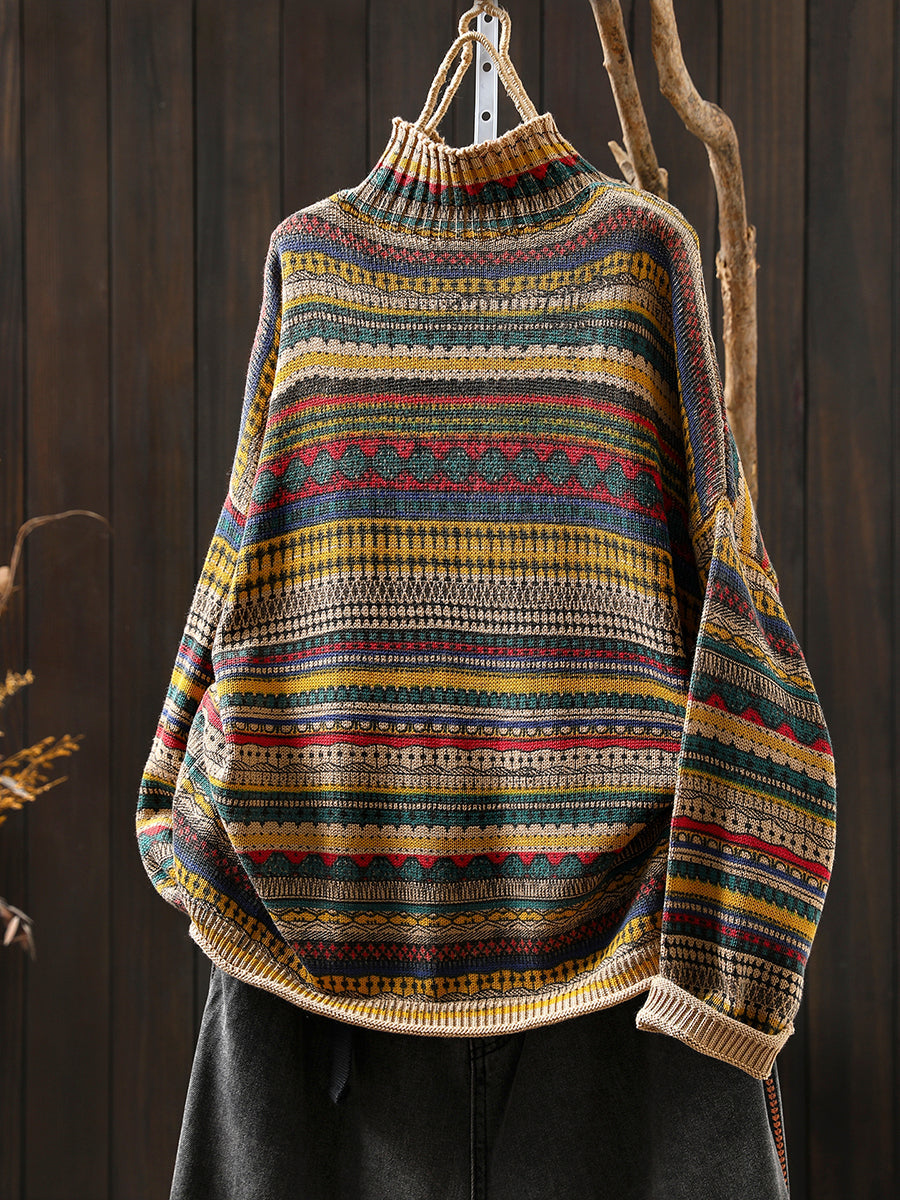 Women Autumn Vintage Stripe Half-Turtleneck Sweater