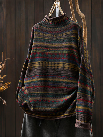 Women Autumn Vintage Stripe Half-Turtleneck Sweater