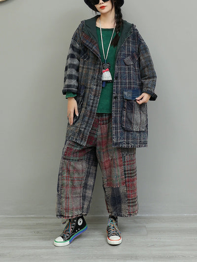 Women Autumn Retro Plaid Spliced Cotton Suits