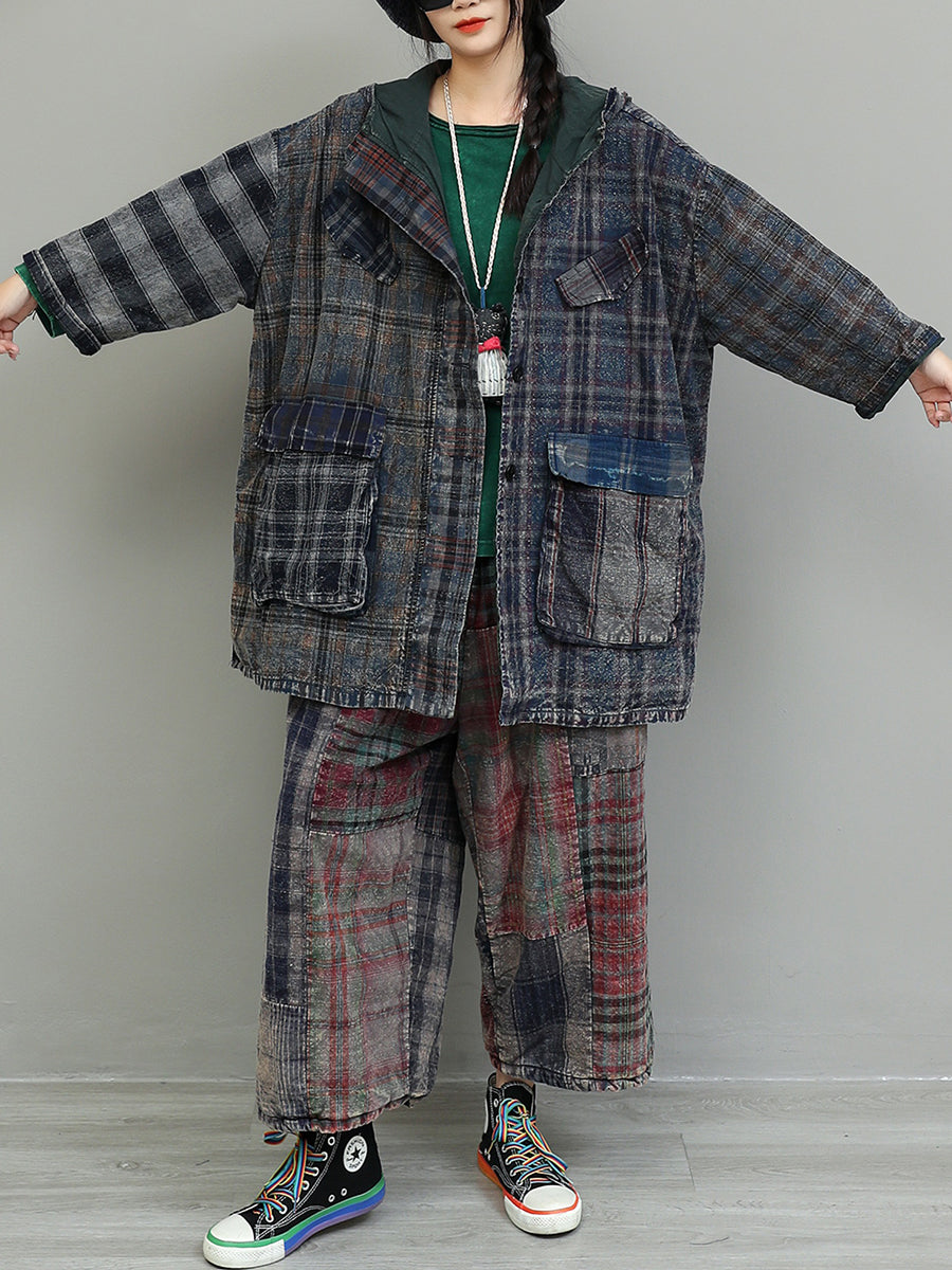 Women Autumn Retro Plaid Spliced Cotton Suits