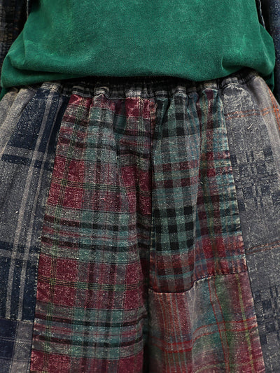 Women Autumn Retro Plaid Spliced Cotton Suits