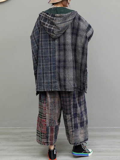 Women Autumn Retro Plaid Spliced Cotton Suits