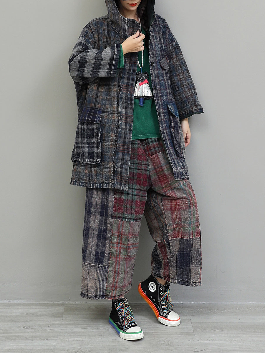 Women Autumn Retro Plaid Spliced Cotton Suits