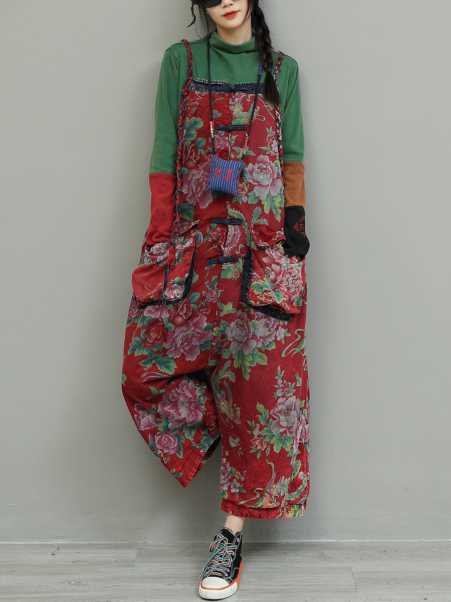Women Vintage Flower Cotton Loose Jumpsuits